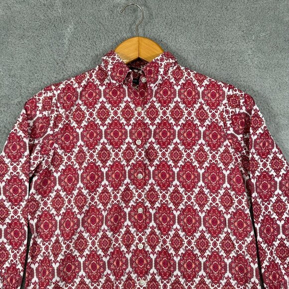 Lands' End No Iron Blouse Burgundy & White Paisley Supima Cotton Size 8 - Picture 3 of 11